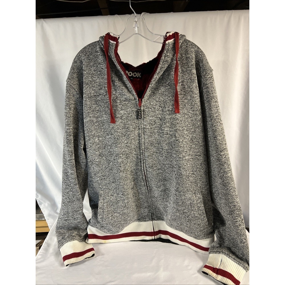 Pook Reversible Hoodie Jacket Sz 2XL Zip Up Faux Fur Thumb Holes Gray Red